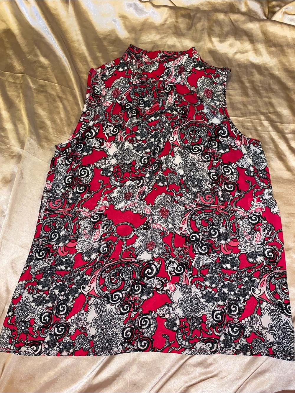 Y2K Office Wear Sleeveless Red Paisley Print Mock Neck Top